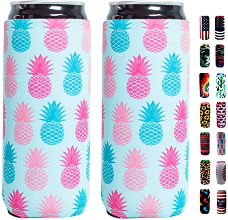 Slim Can Sleeves - Neoprene Bottle Insulator Sleeve Set of 2 Can Beverage Coolers for 12oz Energy Drink & Beer Cans (Pineapple)