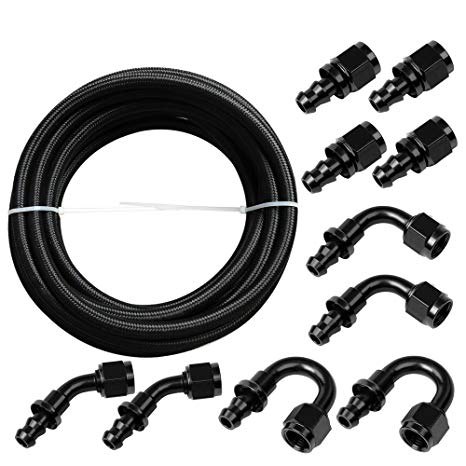 SUNROAD 6AN 20Ft Universal Premium Braided Stainless Steel Fuel Line Filler Feed Hose W/10pcs Push Lock Swivel Fitting Hose Ends Kit