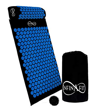 Infinafit Acupressure Set | Naturally Quell Head, Neck & Back Pain | Relieve Stress & Sleep Better | Large Mat, Supportive Pillow and Spiky Foot Massage Ball Included in a Convenient Carry Bag