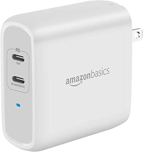 AmazonBasics 68W Two-Port GaN USB-C Wall Charger (50W   18W) for Laptops, Tablets and Phones with Power Delivery - White