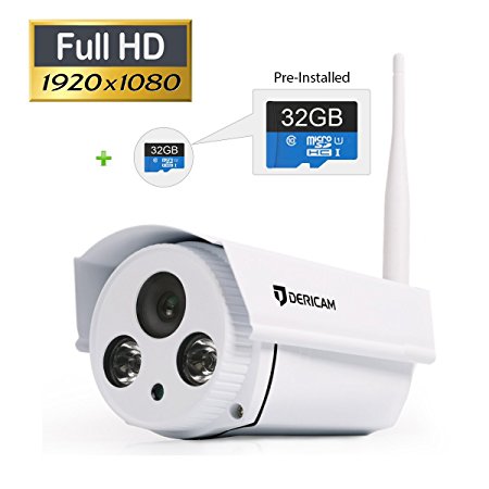 Dericam B2 32GB ProHD 1080P Wireless Outdoor Bullet IP Camera, WIFI Home Security Camera, IP65-rate Waterproof, Dual IR Array LED, 98ft Night Vision, Built-in 32 GB Micro SD Memory Card