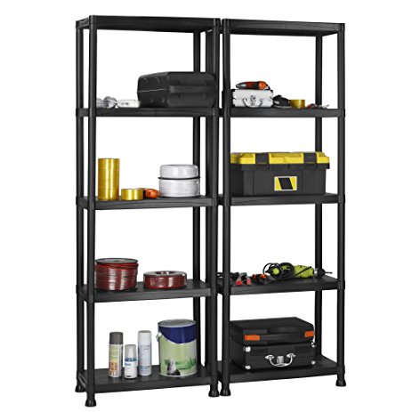 VonHaus 5 Tier Garage Shelving Unit with Wall Brackets (Pack of 2) - Heavy Duty Black Plastic Interlocking Utility Storage Shelves - Each Unit: 68 x 24 x 12 inches