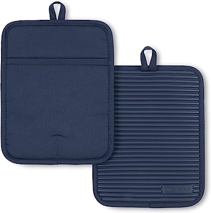 KitchenAid Ribbed Soft Silicone Pot Holder 2-Pack Set, Ink Blue, 7"x9"