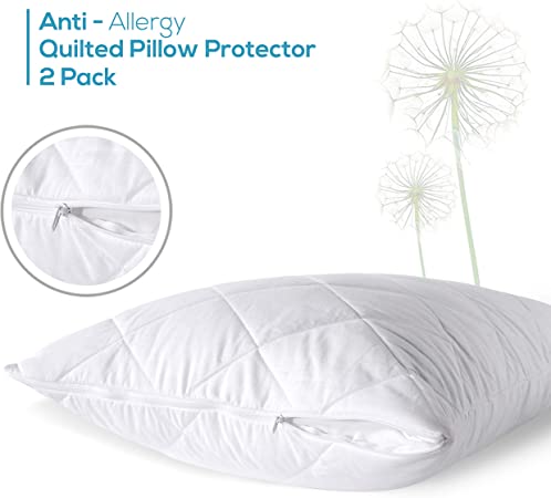 Adam Home Quilted Pillow Protector (2 Pack, Standard Size) - Soft Poly Cotton Zippered Pillow Covers - Durable Pillow Cases. Breathable & Comfortable Zipper Pillow Encasement - Quite & Dust Mite Proof
