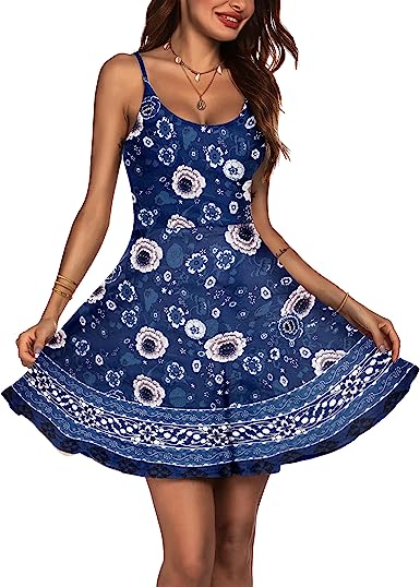 ACEVOG Women's 2023 Summer Dress Adjustable Spaghetti Strap Boho Floral Fit & Flare Beach Sundress