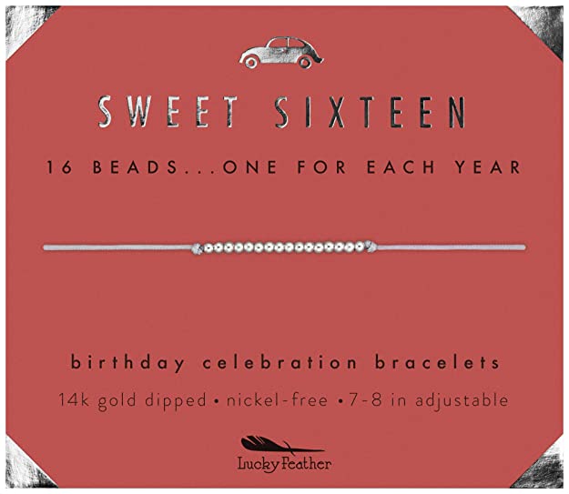 Lucky Feather Sweet 16 Gifts for Girls; 16th Birthday Bracelet Gift Idea for 16 Year Old Girls with 14K Gold Dipped Beads on Adjustable Cord