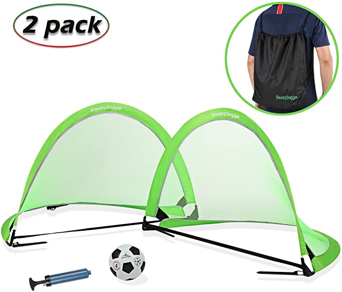 SteadyDoggie Soccer Goal Bundle 3pc (4ft & 6ft)－Pop Up Soccer Nets Qty 2－Nylon Wound Soccer Ball Size 4 with Pump－Carry Bag String Knapsack－Super Portable 4/6 Foot－Kids Soccer Training Nets