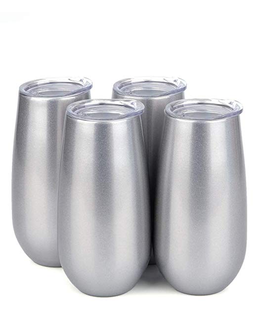 SUNWILL Champagne Flutes Insulated Toasting Glasses 4pack, Double Wall Stemless Wine Champagne Tumbler with Lid, Reusable Cups for Cocktail, 6oz Silver