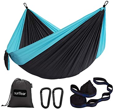 Sunyear Hammock Camping Lightweight Portable Nylon Hammock with 2 Tree Straps (32 Loops,10 ft) & 2 D-Shape Steel Carabiners-Easy to Assemble – Perfect for Camping Backpacking Hiking Travel Beach Yard