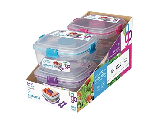 Sistema To Go Collection Salad to Go Food Storage Container (2 Pack), 37 oz, Clear with Assorted Color Accents