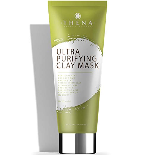 Thena Ultra Purifying Clay Mud Facial Mask, Bentonite, Kaolain, French Green Clay, Anti aging Skincare Hyaluronic Acid Retinol Collagen Peptides Vitamin B5 Organic Natural Beauty Acne Pores Face Care
