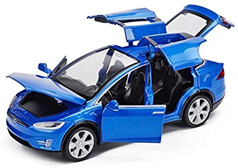 FairOnly High Simulation 1:32 Tesla Model X90 Metal Model Acousto-Optic Pull-Back Toy Car 4 Open Door Flashing Music Kids Toy Gift Blue