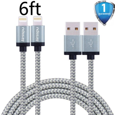 Airsspu Lightning Cable 2Pack 6ft Nylon Braided iPhone Cable USB Charging Cord for iPhone 6s,6s plus, 6 Plus, 6, iPhone 5 ,5C ,5S, iPad Air, Mini , Mini2, iPad 4, iPod 7(Gray White)