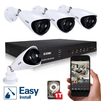 ZOSI H.264 8CH FULL 960H DVR Security System   1000TVL 4x Weatherproof Bullet cameras 1TB Hard Drive,100ft(30m) IR Night Vision,1080P HDMI output, Motion Detection Push Alerts ,White metal case