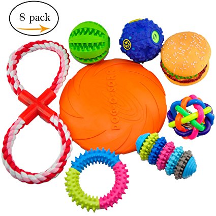 Dog Toys 8 pack Ball Rope and Chew Squeaky Toy Set for Small to Medium Dogs