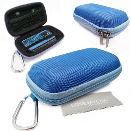 LOVE MY CASE / DURABLE Blue MP3 Player Case, Hard Clamshell Case, Earphone Case, Holder with Metal Carabiner Clip forSanDisk Sansa Clip Jam with Love My Case Cleaning Cloth