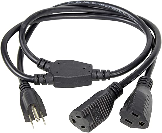 2 Way Power Splitter and 3' Extension Cord, 3 Pack - 1 to 2 Cable Strip With 3 Pronged Outlet and Y Style Extension Cord – Black - SJT 16 AWG – By Luxury Office