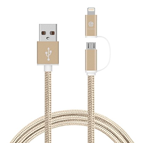 [Apple MFi Certified] 2 in 1 Dual Lightning USB Cable 3ft 1 M, HUNDA Nylon Braided USB Connector for Any Android and Apple Devices such as iPhone, iPad , Samsung, HTC, Nexus,Sony and more (Gold)