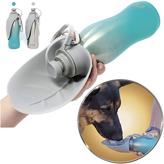 Grila Just4GSD Dog Water Bottle -Food Grade Stainless Steel & Silicon Bowl no BPA Great for Staying hydrated Hiking Walking Travel Dogs. Convenient Strap and Clip no Leak Wide Mouth Waterbottle