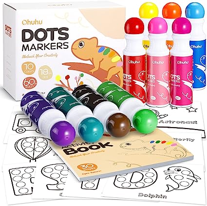 Washable Large Dot Markers for Toddler: Ohuhu 10 Colors Bingo Daubers 60 ml (2.02 oz) with 30 Pages Kids Activity Book for Kids Children (3 Ages  ) Preschool Non-Toxic Water-Based Dot Art Markers