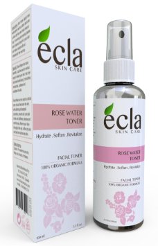Ecla Rose Water 100% Pure Moroccan Organic for Face, Body & Hair - Best Natural Facial Toner & Moisturizer- 3.4 oz -100 ml