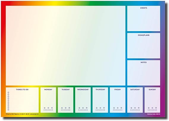 A3 Large Rainbow Coloured Desk Pad and Weekly Planner, 50 Sheets Per Pad, Thicker 90GSM Paper (Single Pack of 1 pad)