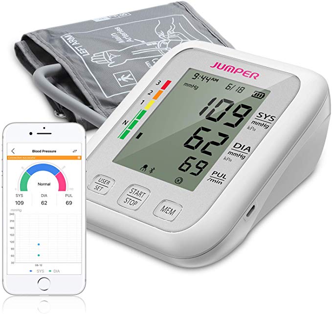 JUMPER Blood Pressure Monitor, Blood Pressure Machine for Upper Arm with 2 Users, Large Display, Adjustable Cuff, Supports Two Power Supply Modes, APP Records, 198 Readings Memory (White)