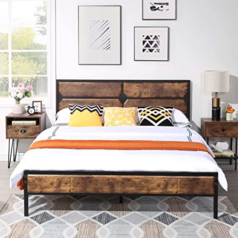 VECELO Queen Bed Frame Metal Platform with Wooden Headboard & Footboard Mattress Foundation Strong Metal Slats Support No Box Spring Replacement/Easy Assemble