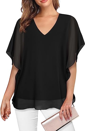 Lotusmile Women's Loose Flouncing Flutter Sleeve Double-Layered Shirt Chiffon Elegant Dressy Blouse Work Tops