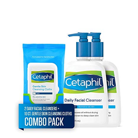 Cetaphil Daily Facial Cleanser for Normal to Oily Skin, Two 16-oz. Bottles, plus 10-ct. Cetaphil Gentle Skin Cleansing Cloths for Dry, Sensitive Skin (Combo Pack)