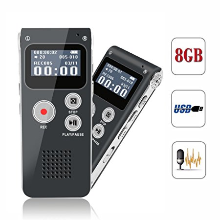 Digital Voice Recorder, Portable Recorder, Multifunctional Rechargeable Dictaphone, FlatLED Audio Voice Recorder Dictaphone, MP3 Music Player with Mini USB Port and Color LCD display, Grey-8GB