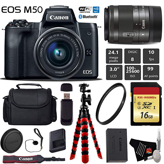 Canon EOS M50 Mirrorless Digital Camera with 15-45mm Lens   Flexible Tripod   UV Protection Filter   Professional Case   Card Reader - International Version