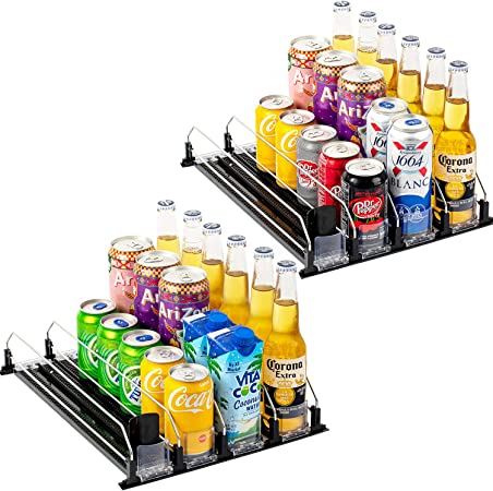 Jillmo Drink Organizer for Fridge, Self-Pushing Soda Can Organizer for Refrigerator, Width Adjustable Pusher Glide, Drink Dispenser for Fridge, Black, 8 Row