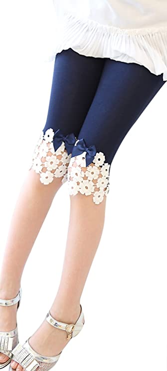 Little Girls Solid Color Cotton Legging with Lace Trim Bead Flowers