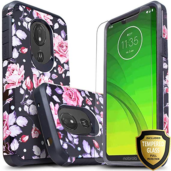 Moto G7 Power Case, Moto G7 Supra XT1955 Case, Included [Tempered Glass Screen Protector], Star Drop Protection Dual Layers Impact Advanced Rugged Protective Phone Cover - Pink Rose