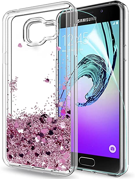 LeYi Galaxy A3 2016 Case with Screen Protector, Girl Women 3D Glitter Liquid Moving Cute Personalised Clear Transparent Silicone Gel TPU Shockproof Phone Cover for Samsung A3 2016 Rose Gold (Pink)