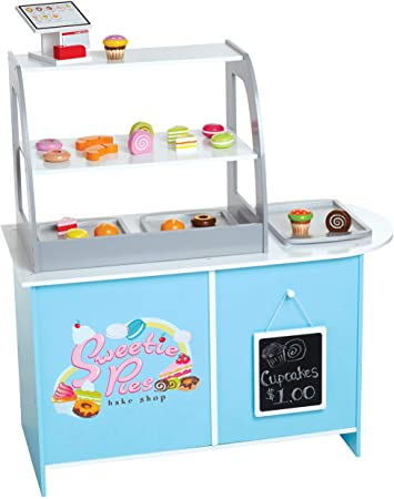 Wooden Bakery Playset Pretend Stand for Kids - 25 Piece Bake Shop Counter w Food, Chalkboard, Cash Register, Trays - Durable Construction for Creative Playtime