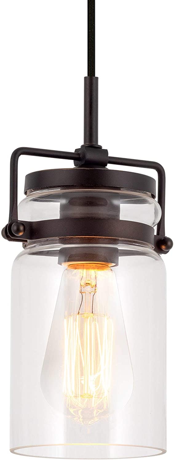 Kira Home Wyer 8" Modern Industrial/Farmhouse Pendant Light   Mini Clear Glass Cylinder Shade, Dimmable Adjustable Wire, Oil Rubbed Bronze Finish