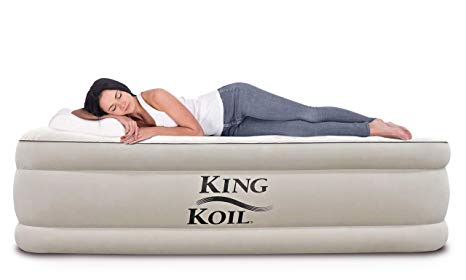 King Koil Queen Size Luxury Raised Air Mattress - Best Inflatable Airbed with Built-in Pump - Elevated Raised Air Mattress Quilt Top & 1-Year Guarantee