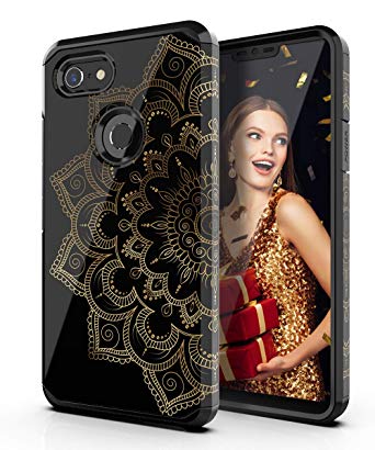 QQcase Google Pixel 3 Case Golden Flowers for Girls Women Dual Layer Heavy Duty Hybrid Plastic   Rubber TPU Shockproof Floral Protective Black Case Fit for Google Pixel 3 2018 Release,Gold Flower