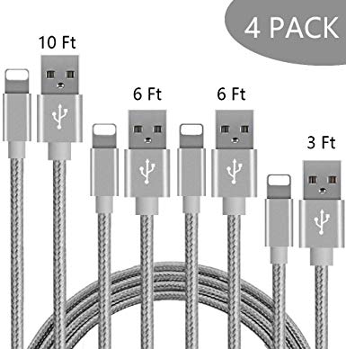 MFi Certified iPhone Charger Lightning Cable, Live2Pedal 4Pack(3/6/6/10ft) Extra Long Nylon Braided USB Fast Charging&Syncing Cable Compatible iPhone 11/11Pro/11Pro Max Xs MAX XR 6/7/8, 6/7/8 Plus.