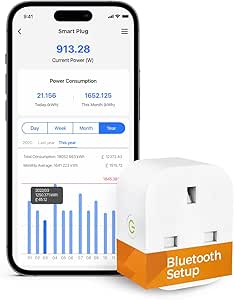 Smart Plug Works with Alexa, Google Home, Bluetooth Smart Socket with Energy Monitoring Support App Remote Control, Voice Control, Timer, No Hub Required, 13A, 1 Pack