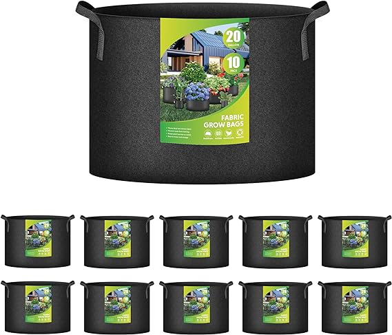 iPower 10-Pack 20 Gallon Plant Bags Heavy Duty Thickened Nonwoven Fabric Potato Growing Pot, Aeration Durable Container with Reinforced Strap Handles, Black