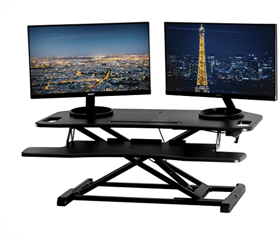 TechOrbits Height Adjustable Stand Up Desk - 37" Corner Standing Desk Riser - Desktop Sit Stand Desk Fits Cubicles and Corner Desks