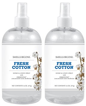 SMELLS BEGONE Air Freshener Home and Linen Spray - 16 Ounce - Made with Natural Essential Oils (2 Pack, Fresh Cotton)