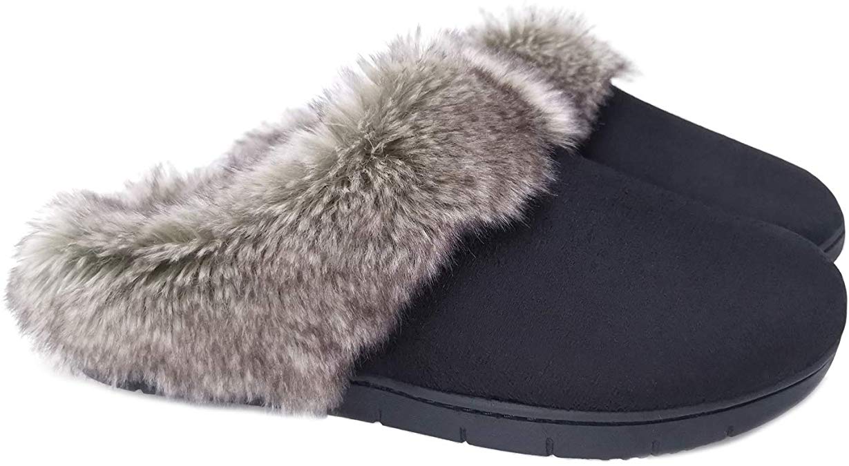 ofoot Women's Micro Suede Memory Foam Moccasin Furry Faux Fur Collar Slippers with Yarn Knit Lining and Anti-Skid Sole