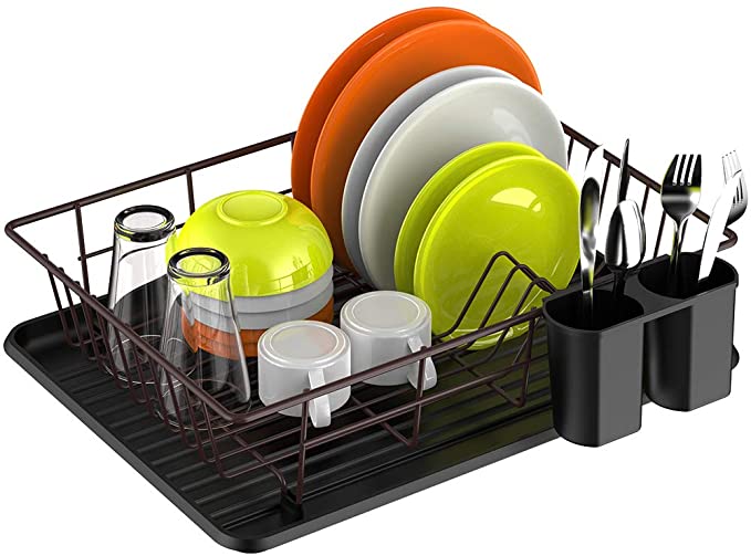 Dish Drying Rack, Cambond Dish Drainer for Kitchen Counter Rustproof Dish Rack and Drainboard Set with Utensil Holder,Countertop or In Sink Drying Rack (Bronze)