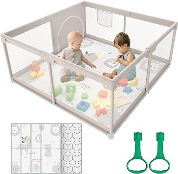 Baby Playpen with Mat, 47x47inch Playpen, Playpen for Babies and Toddlers (47x47inch Grey with mat)