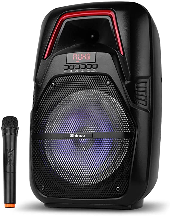 Shinco Portable PA System with Wireless Microphone, Bluetooth Speaker 8-inch Subwoofer, AUX-IN, USB/TF, FM Radio, Remote Control, Rechargeable Battery