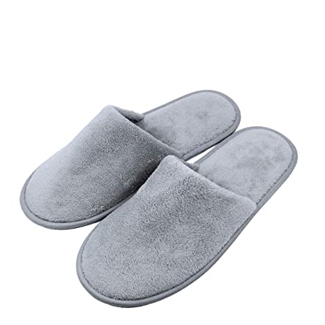 Spa Slippers,(Medium Size,6 Pairs) Gray Closed Toe Disposable Indoor Hotel Slippers for Men and Women, Fluffy Coral Fleece, Deluxe Padded Sole for Extra Comfort- Perfect for Guests, Travel Wedding